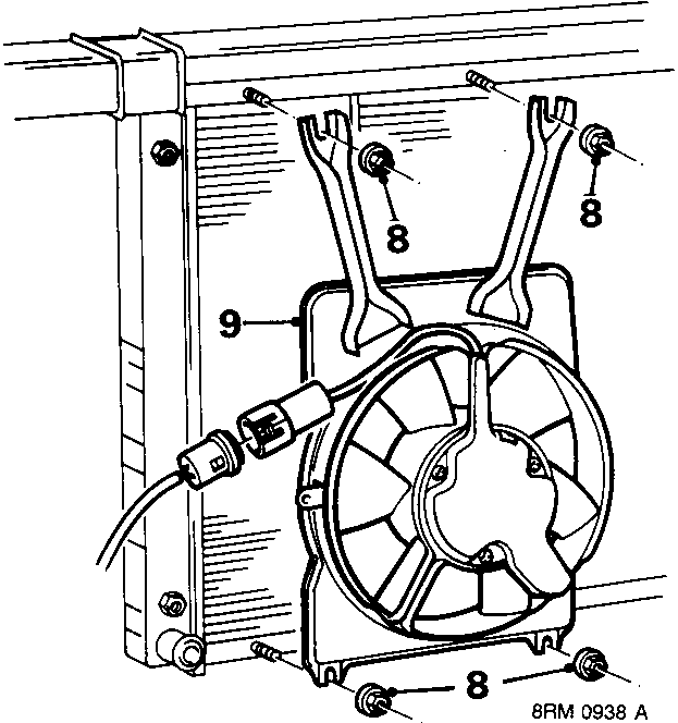 Diagram showing removal of nuts and condenser cooling fan assembly from radiator, callouts 8 and 9