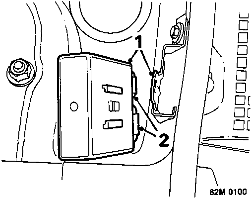 Diagram of relay module mounted in bracket with callout numbers 1 and 2 indicating release points and connectors