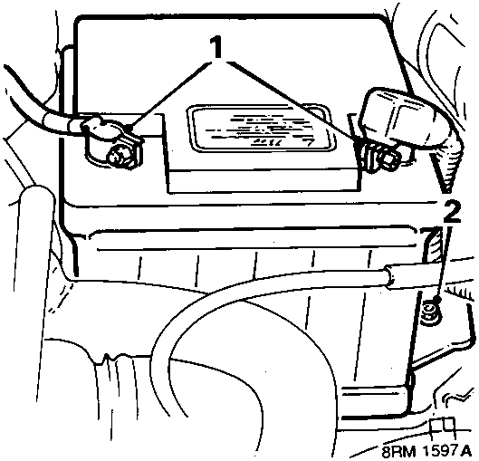 Diagram of car battery showing callout numbers 1 pointing to battery label and 2 pointing to battery clamp and leads