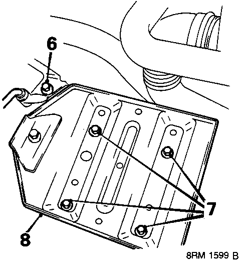 Diagram showing brake fluid hose harness brackets and battery tray with callout numbers 6, 7, and 8.