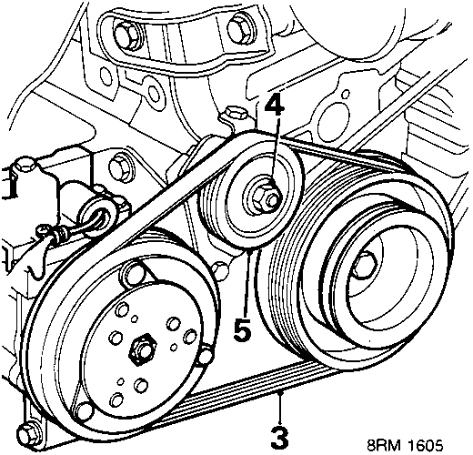 Diagram of engine drive belts showing adjuster pulley with numbered callouts 3, 4, and 5