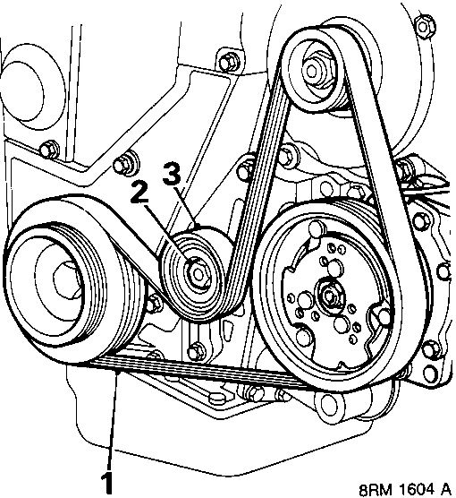 Diagram of alternator and air conditioner compressor drive belt with numbered callouts 1, 2, and 3