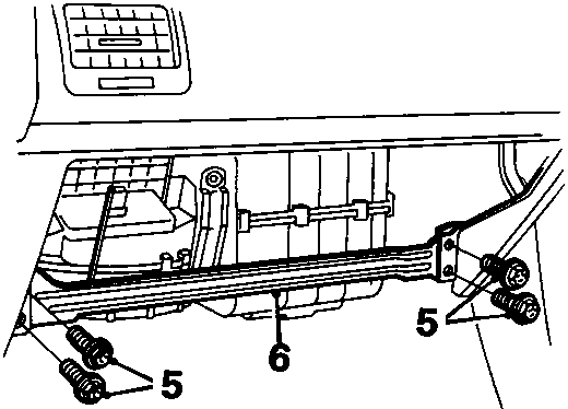 Diagram showing the glove box rail and securing bolts with callout numbers 5 and 6