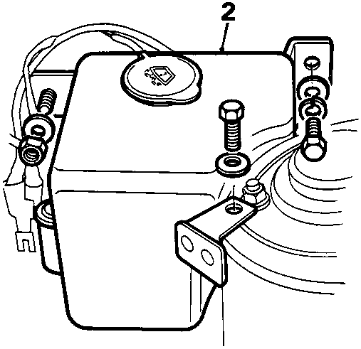 Diagram showing the washer reservoir and its mounting bracket with callout number 2