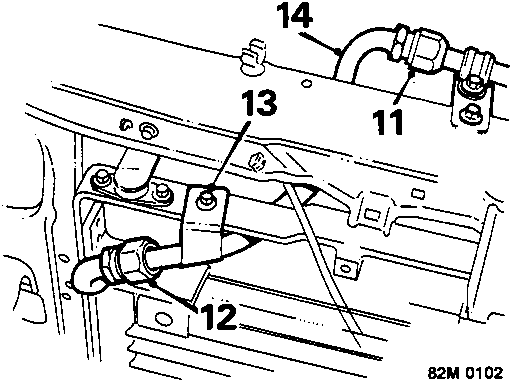 Diagram showing power steering oil cooler, stiffening plate, and condenser pipe connections labeled 11, 12, 13, 14.