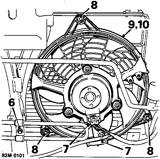 Diagram showing cooling fan assembly, condenser fan assembly, and associated mounting bolts labeled 6, 7, 8, 9, 10.
