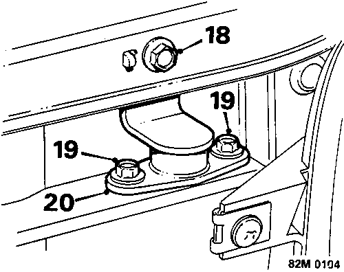 Diagram showing condenser mountings on bonnet platform and condenser frame, including bolts 18, 19 and brackets 20.