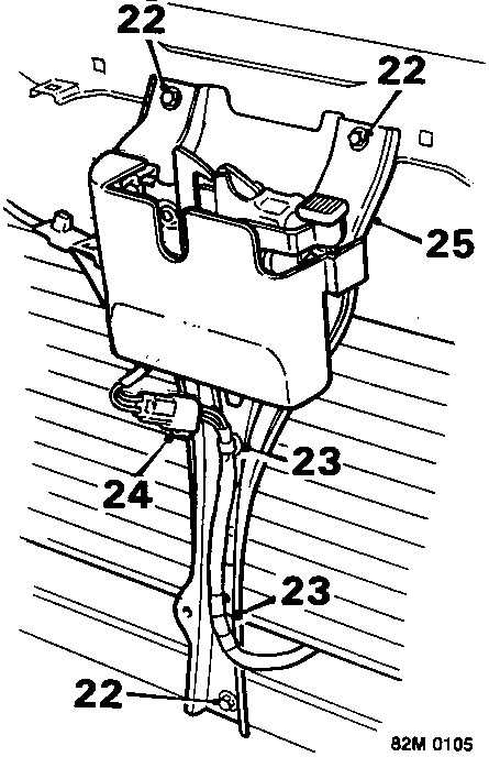 Diagram of bonnet lock platform support and alarm lead with callout numbers 22, 23, 24, 25
