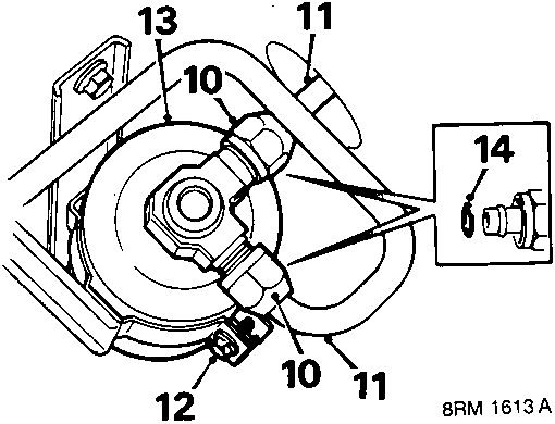 Diagram showing receiver drier and pipes with callout numbers 10, 11, 12, 13, 14