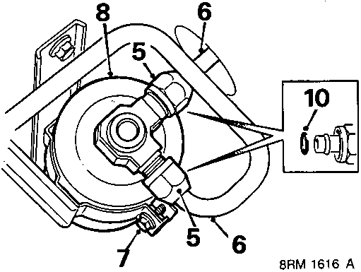 Diagram of the receiver drier assembly showing pipe unions (5), clamp bolt (7), pipes (6), and O rings (10).