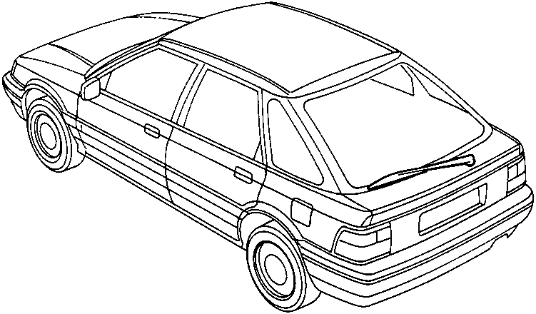 Line drawing of the rear three-quarter view of a car showing the rear wiper blade on the tailgate