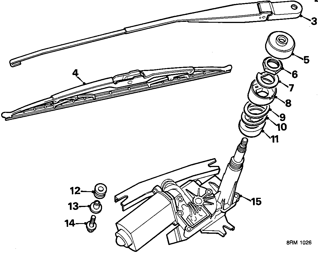 Exploded line drawing of the rear wiper assembly showing the arm, blade, spindle components, and motor unit with numbered callouts 3 through 15