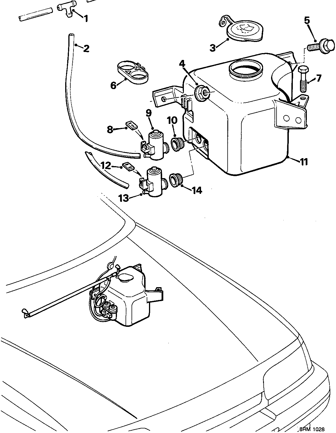 Exploded view diagram of the windscreen washer system components, including reservoir, pumps, tubes, and connectors, mounted on a vehicle body panel.
