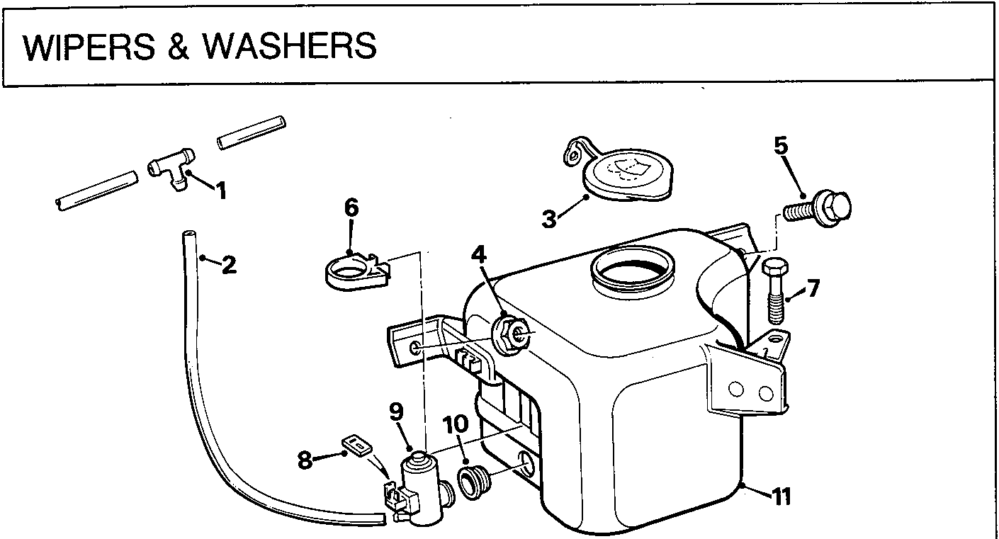 Exploded view diagram of the windscreen washer reservoir, pump, and associated tubing with numbered callouts 1 through 11.
