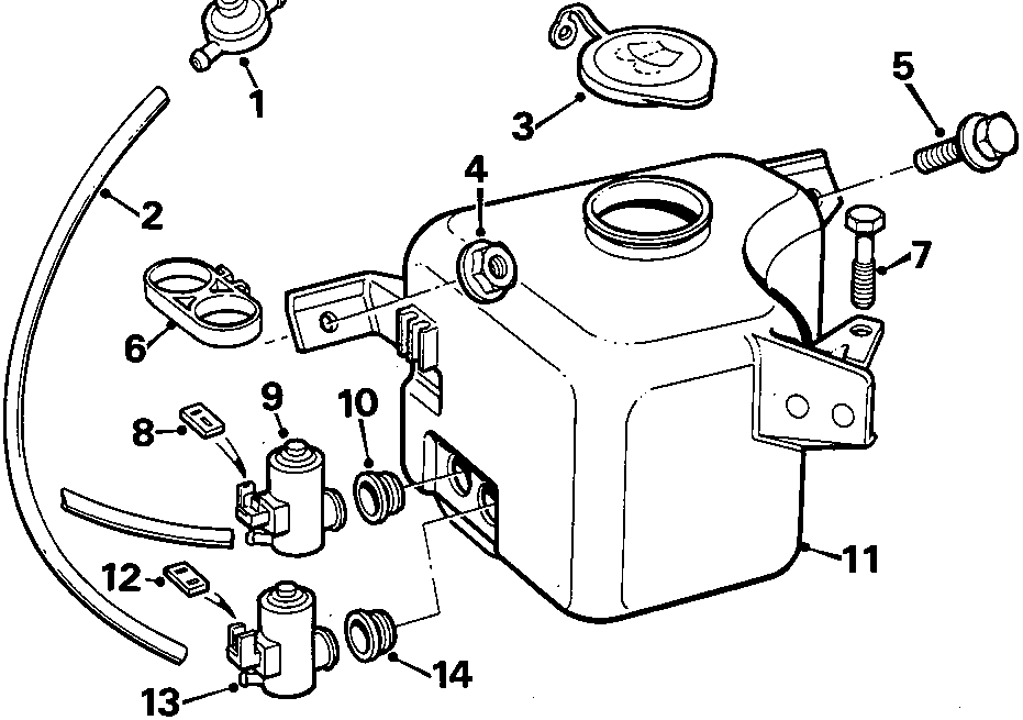 Exploded view diagram of the rear screen washer components, including reservoir, pumps, tubes, and connectors, with numbered callouts 1 through 14.
