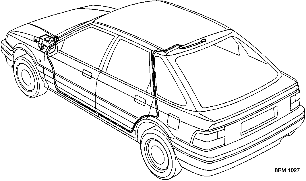Line drawing of a car showing the routing of the rear screen washer tube from the reservoir to the rear wiper area.