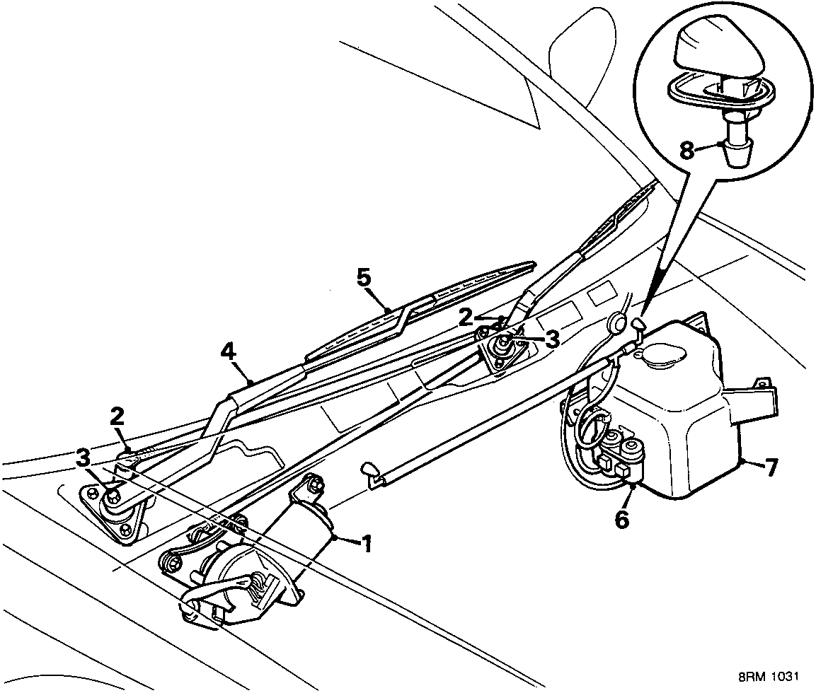 Diagram of the windscreen wiper and washer system showing numbered components including motor, links, mechanisms, arms, blades, pump, reservoir, and spray jets