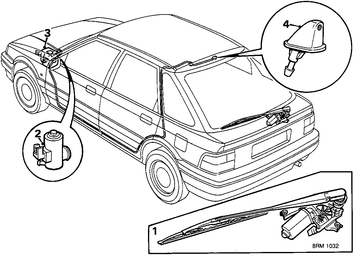 Diagram of the rear screen wiper and washer system showing components labeled 1 through 4, including the wiper assembly, pump, reservoir, and jet.