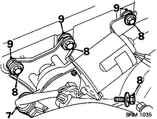 Diagram of wiper motor mounting showing bolts 8, grommets 9, and linkage 7