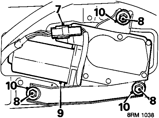 Diagram of wiper motor assembly in taildoor with callout numbers 7, 8, 9, 10