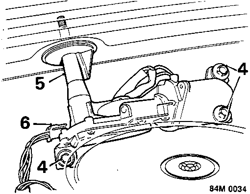 Diagram of the rear wiper motor assembly mounted in the taildoor, with callouts 4, 5, and 6.