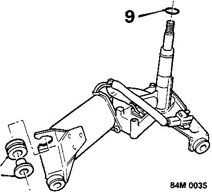Diagram of the removed wiper motor bracket showing rubber bushes (8) and an 'O' ring (9).