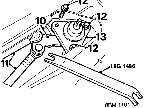 Diagram showing centre wheelbox removal with link rods and bolts, using tool 18G 1486, with callout numbers 10, 11, 12, 13