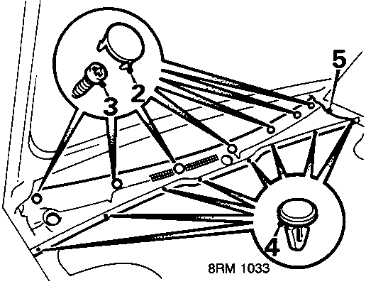 Diagram of plenum air intake assembly showing retaining screws, clips, and caps with callout numbers 2, 3, 4, 5