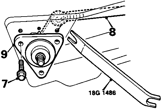 Diagram showing removal of R.H. wheelbox bolts and disconnecting rod using tool 18G 1486 with callout numbers 7, 8, 9