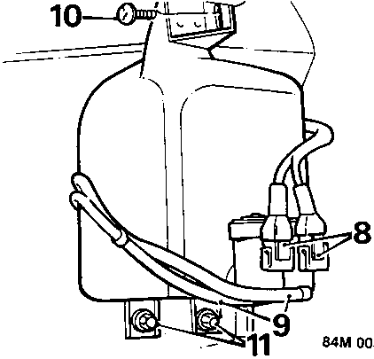 Diagram showing washer reservoir, multiplug connector, washer tube connection, and mounting screws