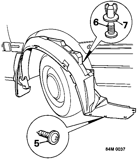 Diagram showing front wheel arch liner, scrivets, and screws securing it to bumper and wheel arch