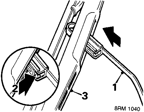 Diagram showing wiper arm, blade, and clip with callout numbers 1, 2, and 3