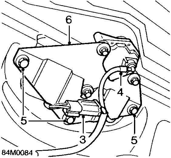 Diagram showing rear wiper motor assembly mounted to tailgate with callout numbers 3, 4, 5, 6