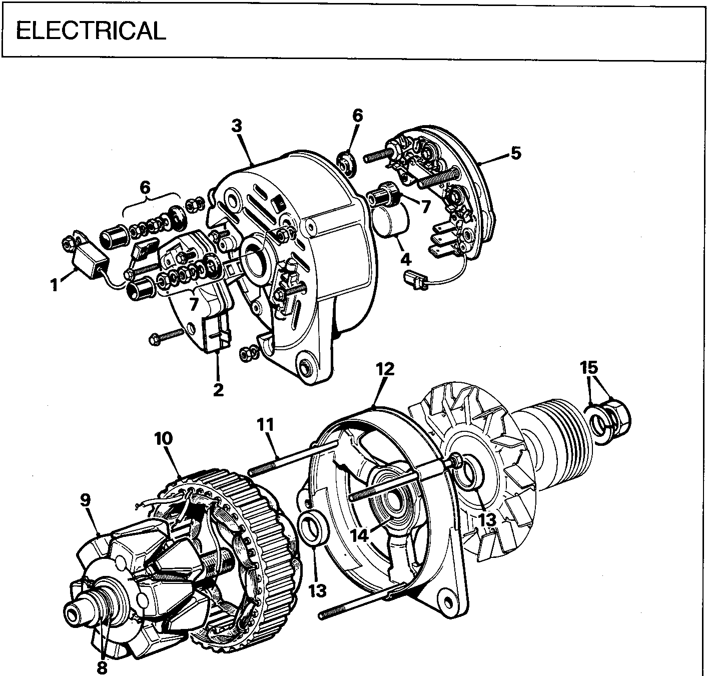 Exploded view diagram of an alternator showing numbered components including the stator, rotor assembly, rectifier, and brackets.