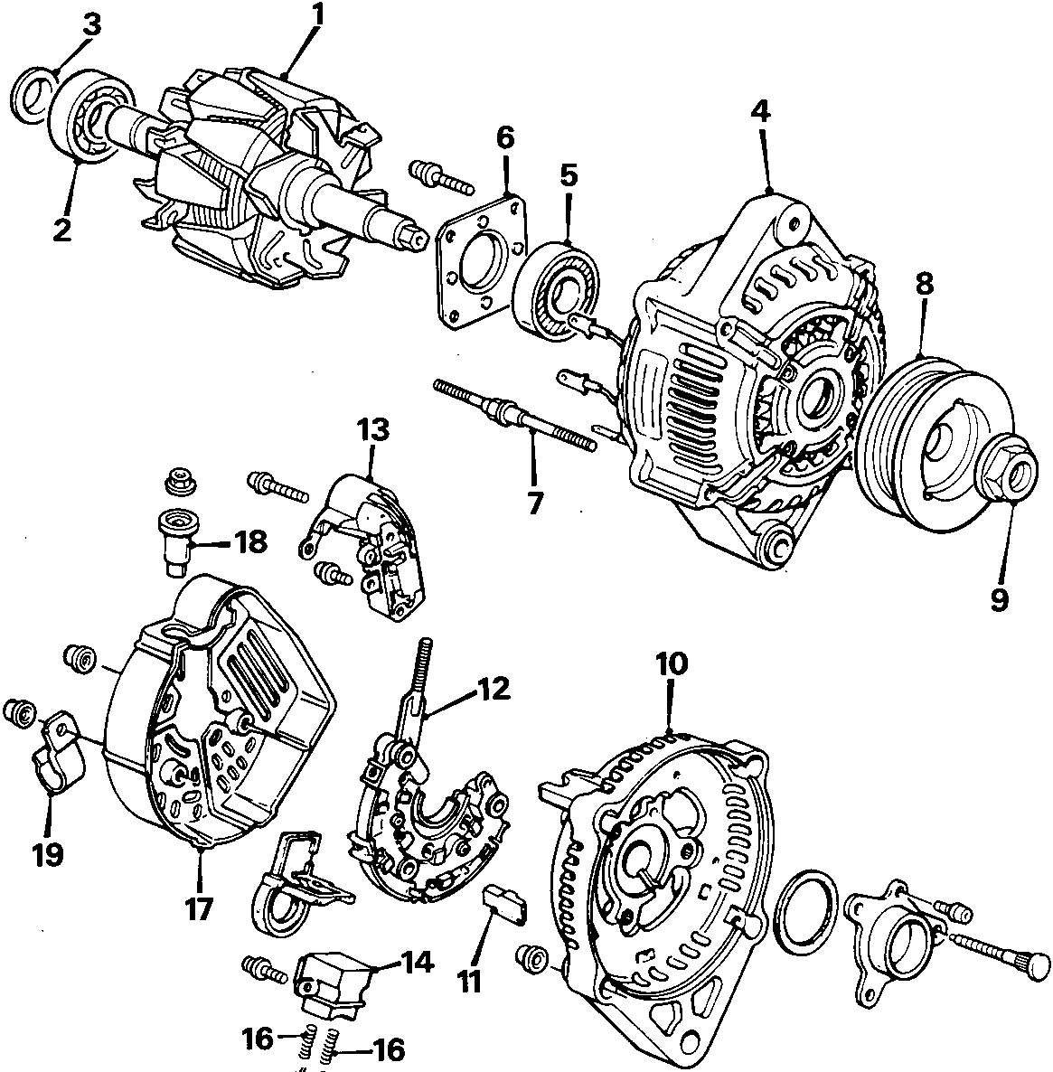 Exploded view diagram of alternator components for 1.6 engine, showing numbered parts including rotor assembly, stator, bearings, rectifier, voltage regulator, pulley, and housing.