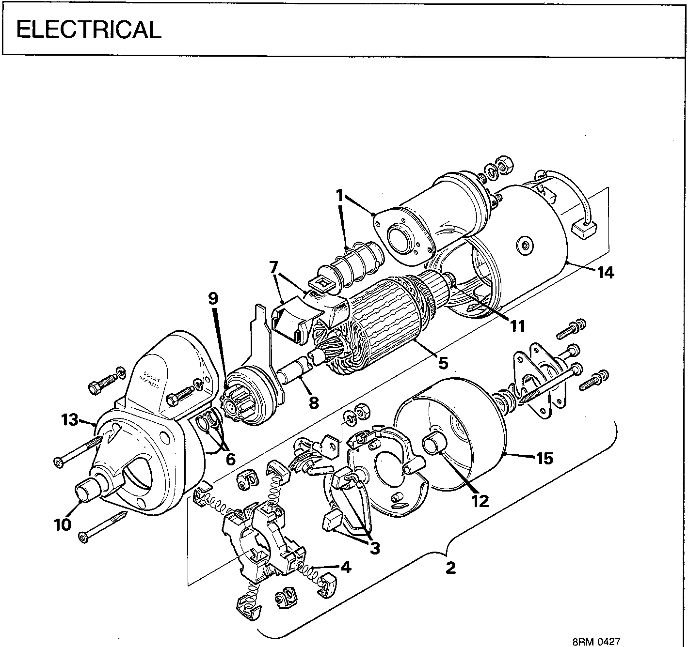 Exploded view diagram of a starter motor showing 15 numbered components including solenoid, armature, drive assembly, and end brackets