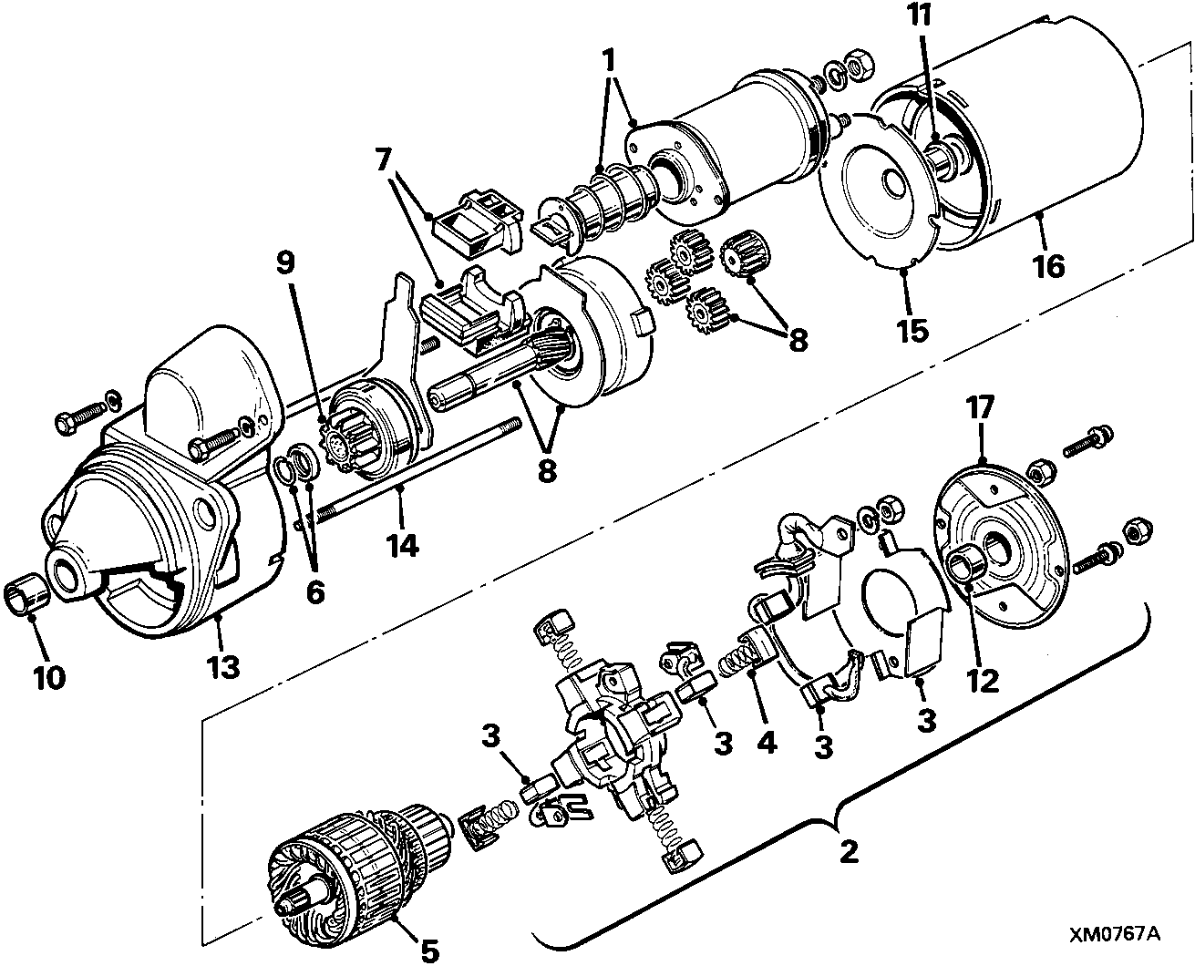 Exploded view diagram of the starter motor components, showing the solenoid, armature, drive assembly, commutator end bracket, and field coil yoke with numbered callouts 1 through 17.