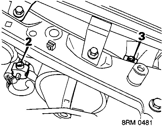 Diagram of headlamp adjustment mechanism showing three numbered callouts pointing to specific components, with reference number 8RM 0481 at the bottom right.