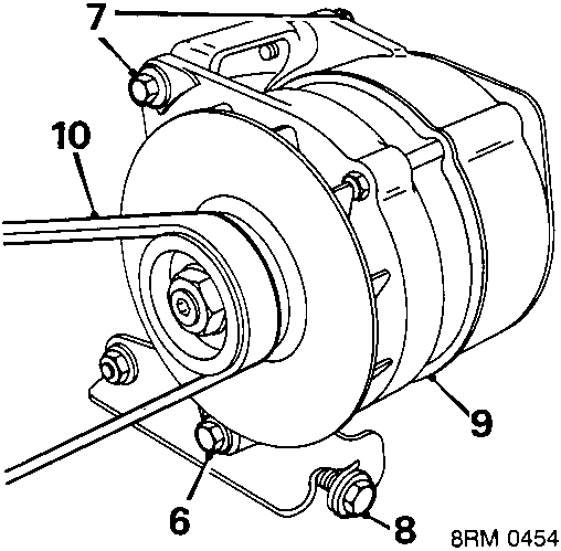 Alternator assembly showing adjustment bracket, pivot bolts, belt tension bolt, and pulley with callout numbers 6 through 10