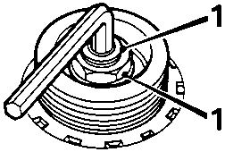 Alternator pulley and centre shaft with locknut, callout numbers 13 and 14