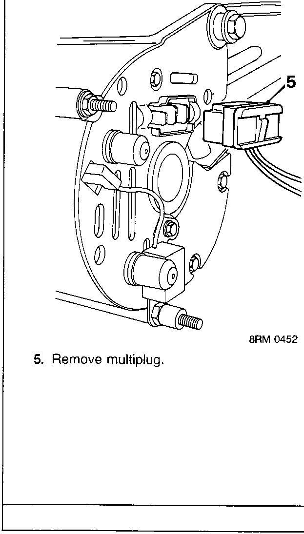 Alternator mounting bracket showing multiplug connection with callout number 5