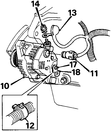 Diagram showing alternator mounting and electrical connections with callout numbers 10, 11, 12, 13, 14, 17, 18