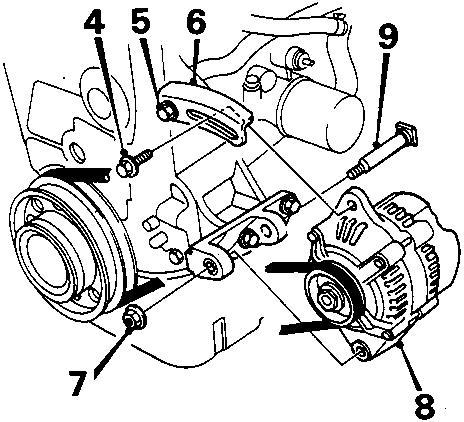 Diagram showing alternator and surrounding components with callout numbers 4, 5, 6, 7, 8, 9
