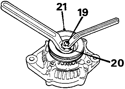 Diagram showing alternator pulley removal with tools and callout numbers 19, 20, 21