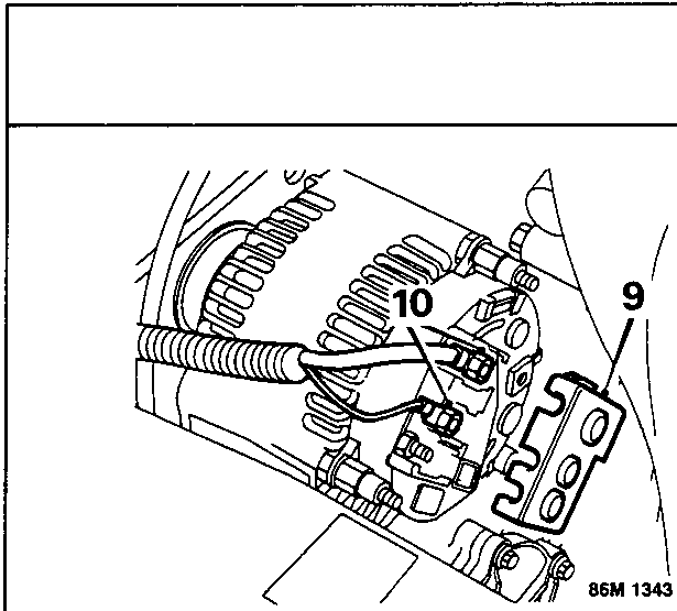 Diagram of alternator terminal and cable connections with callout numbers 9, 10