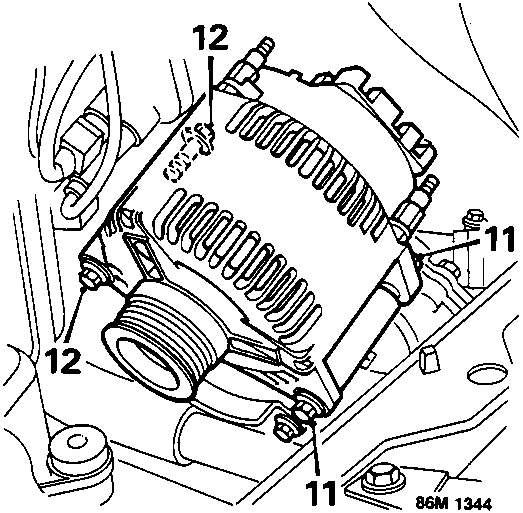 Diagram of alternator mounting showing front bolts 11 and rear bolts 12