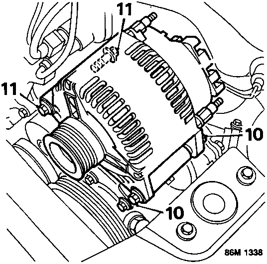 Diagram showing alternator mounting bracket bolts front and rear