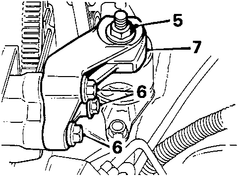 Diagram showing engine mounting bracket with callout numbers 5, 7, and 6