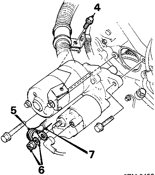 Diagram of starter motor showing callout numbers 4, 5, 6, and 7 pointing to various components including bolts, clips, and leads.