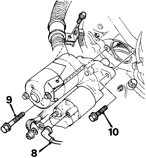 Diagram of starter motor showing callout numbers 8, 9, and 10 pointing to the cover, lower bolt, and upper bolt respectively.